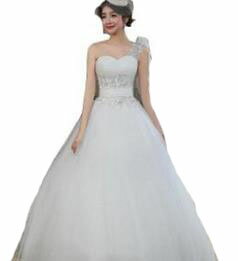 プリンセス ウェディングドレス カラー　ワンピース　Vネック　結婚式パーディ-　花嫁　ドレス　編上げタイプ　ロング ホワイト　エレガント シングル肩