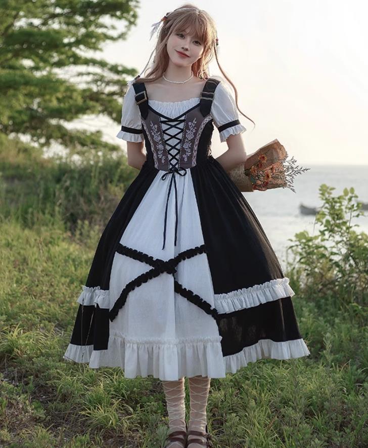 LOLITA ロリータ /花柄/ワンピース　JSK OP ゴスロリ コスプレ メイド服 コスチューム 文化祭 学園祭 衣装 仮装 ハロウィン おすすめ 可愛い ドレス　日常　写真　舞台　花嫁　洋服　ハロウィーン　人形ドレス ティアードスカート バレエ