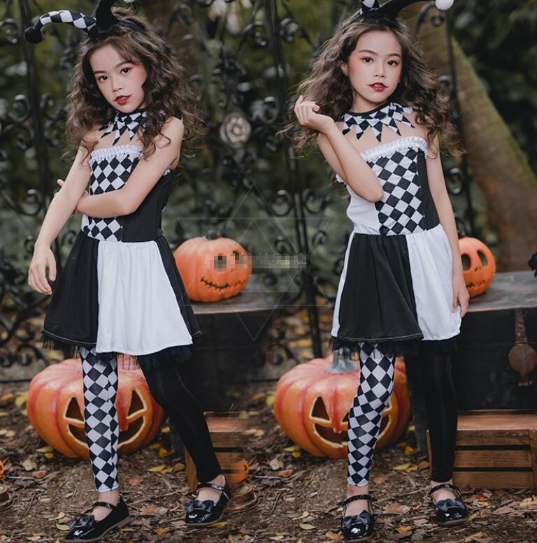 4点セット/ピエロ/黒白/ハロウィン ハロウィーン Halloween/ワンピース/服 コスチューム 学園祭 衣装 仮装 ハロウィン クリスマス 写真 舞台 演出 可愛い 子供/女の子/