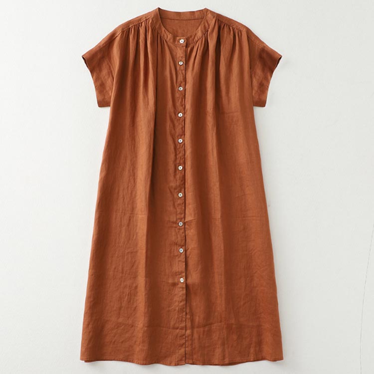 送料無料 シャツワンピース ロングワンピース レディース 夏ワンピ 綿麻 半袖ワンピース シャツブラウス チュニック ミモレ丈 バンドカラー ドロップショルダー ギャザー 着痩せ 前開け シンプル ゆったり 大人 オフィス OL 通勤 カジュアル