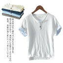 メンズ リネンシャツ メンズ 綿麻 半袖 無地 Tシャツ リネン