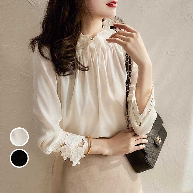 ブラウス レディース きれいめ 40代 春秋 上品 ゆったり 韓国風 オシャレ レース花刺繍ブラウス 50代 長袖 白シャツ 大人 30代