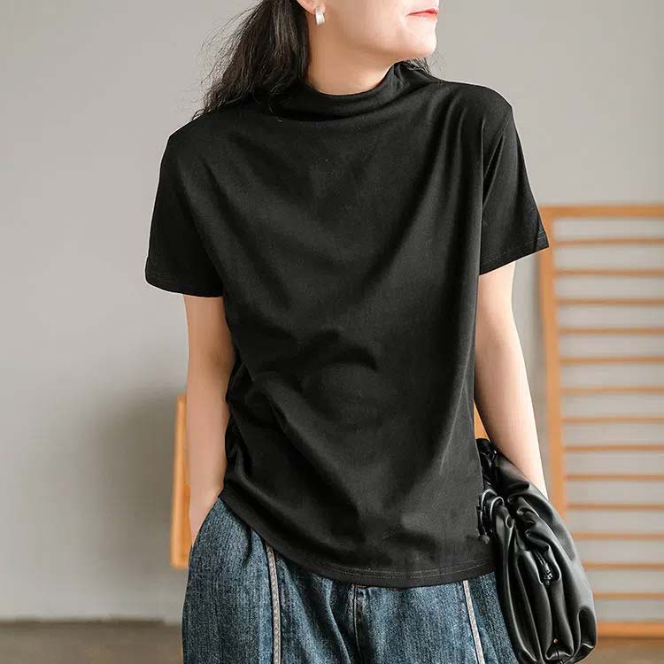 ハイネック半袖tシャツ 秋服 半袖 シンプル ハイネック カットソー コットン ハイ...