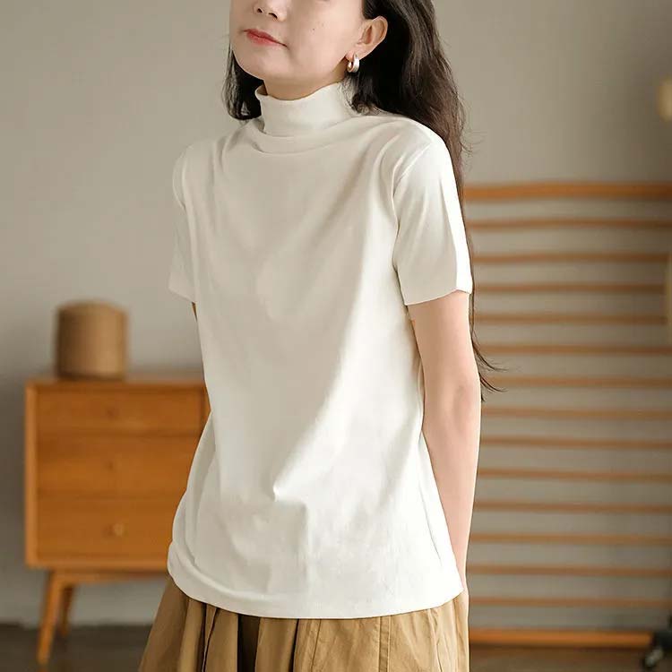 ハイネック半袖tシャツ 秋服 半袖 シンプル ハイネック カットソー コットン ハイ...