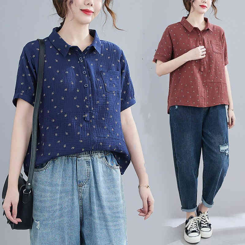 Rakuten - 半袖 コットン 折襟 トップス 葉柄 シャツ 綿麻 ブラウス リネン シャツブラウス 体型カバー 夏 春 カジュアル 大きいサイズ 綿