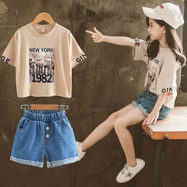 子供服 Tシャツ キッズ 女の子 セットアップ 2点セット 上下セット ショートパンツ 子供服 デニムパンツ 半袖 ジュニア おしゃれ 可愛い カジュアル 新品 150