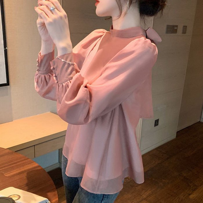 Rakuten - ブラウス 長袖トップス 40代 春秋 ゆったり オシャレブラウス パフスリーブ 白シフォンシャツ リボン おしゃれ 通学通勤 オフィス ブラウス シャツ30代