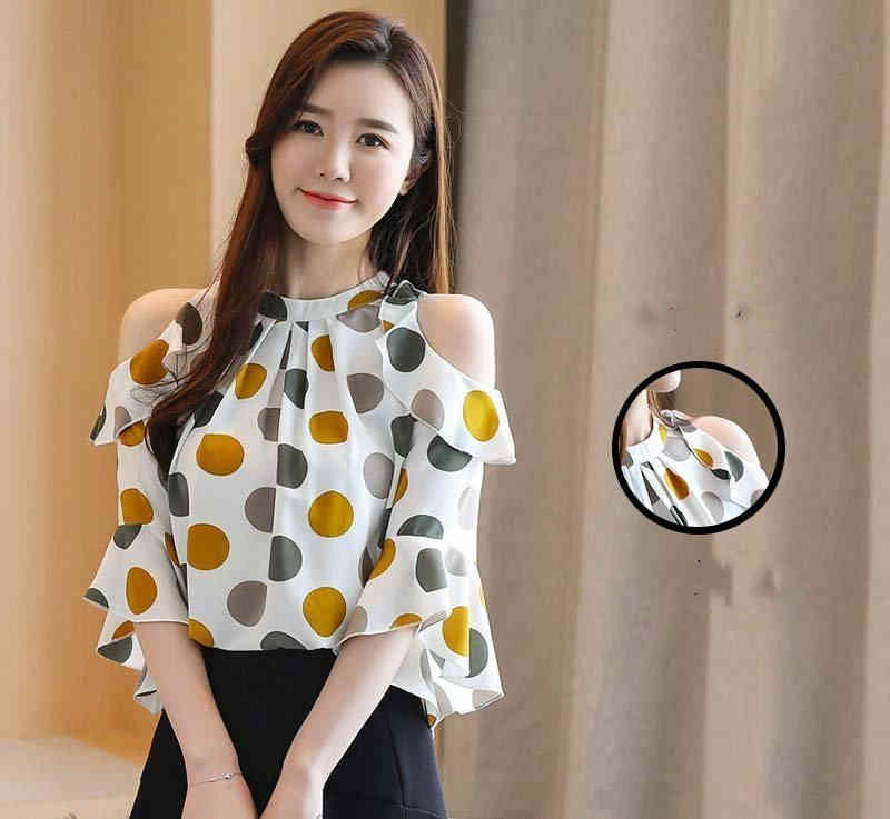 肩だし シフォンブラウス ドット柄 水玉 シャツ ベルスリーブ サマートップス レディース 韓国風 クルーネック ファッション シンプル エレガント