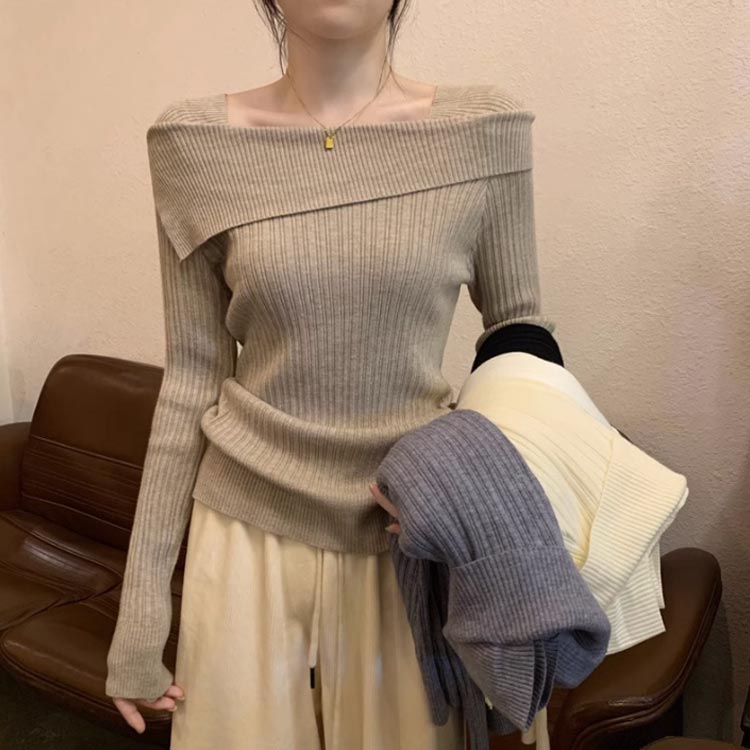 着痩せ ワンショル風 スクエアネック 長袖 春秋 オフショルダー レディース トップ...