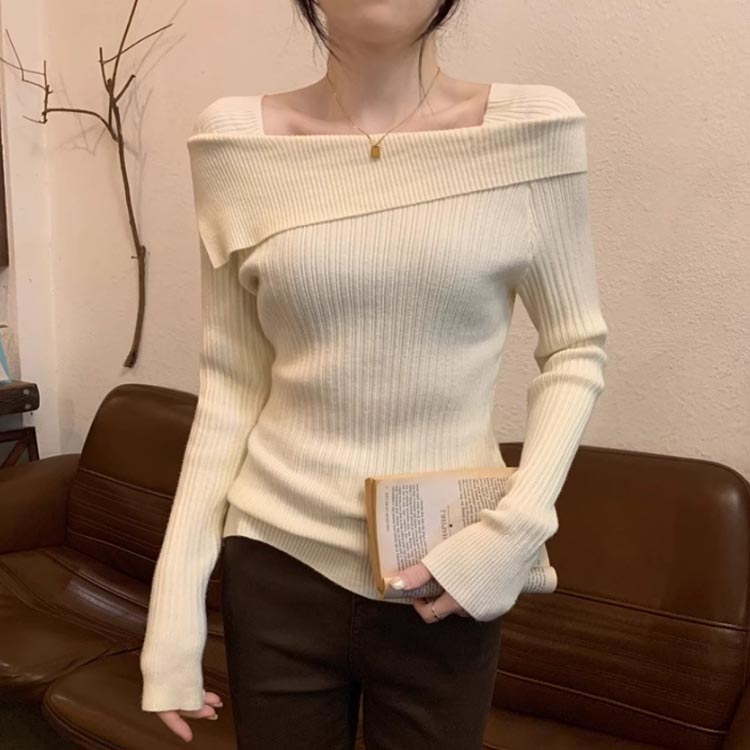 着痩せ ワンショル風 スクエアネック 長袖 春秋 オフショルダー レディース トップ...