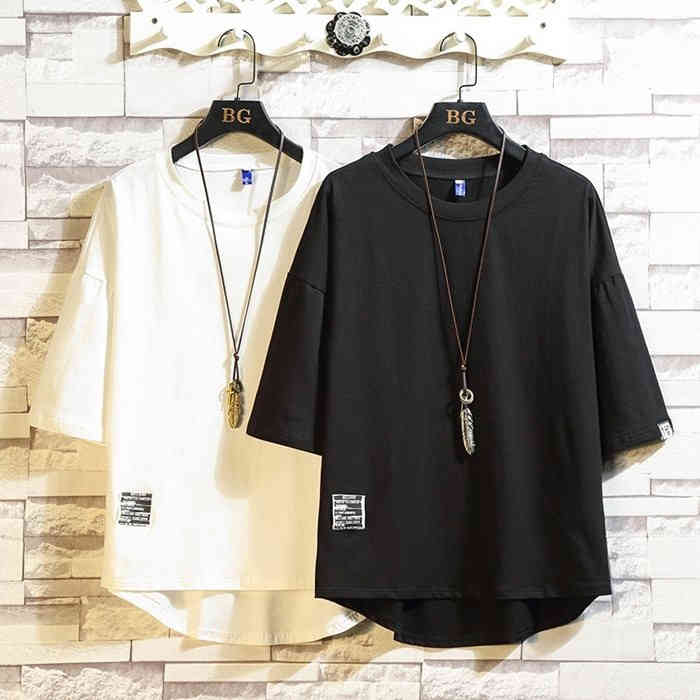 Men's T-shirts, Summer Clothes, Plain, American Casual Style, T-shirts, Tops, Cut and Sewn, Five-quarter Sleeve, Three-quarter Sleeve, Men's Fashion, Stylish, White, Black