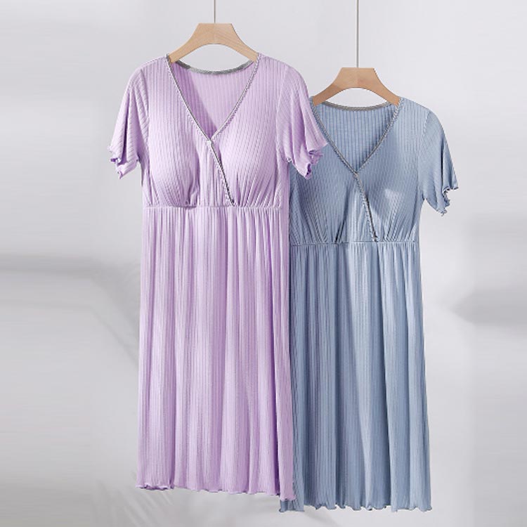 送料無料 マタニティ パジャマ 前開き 春夏 授乳服 ママ ワンピース 半袖 授乳口付...