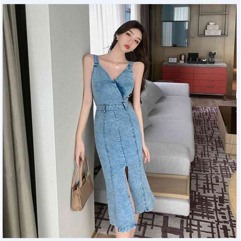 ファッション タイト 女性 ワンピース ノースリーブ デニムワンピース マキシ丈ワンピース スリム キャミ スリット 人魚マーメイド ファッション ドレス