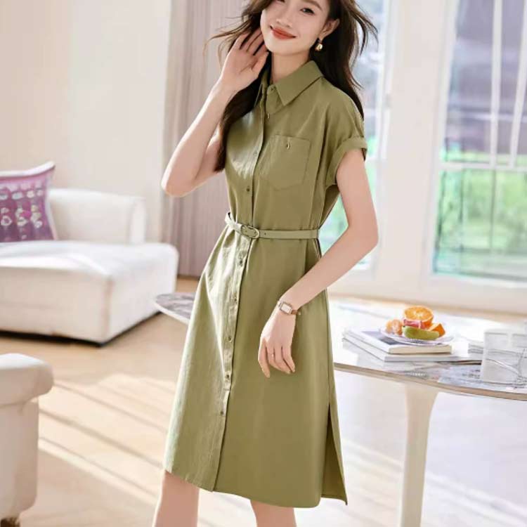 送料無料 シャツワンピース 半袖 レディース 夏 ロングシャツ 羽織 ワンピース フレンチスリーブ 膝丈 ベルト付き Aライン スタイルアップ 着痩せ 無地 大人可愛い OL 上品 エレガント カジュアル おしゃれ