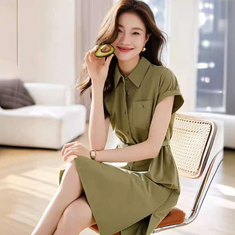 送料無料 シャツワンピース 半袖 レディース 夏 ロングシャツ 羽織 ワンピース フレンチスリーブ 膝丈 ベルト付き Aライン スタイルアップ 着痩せ 無地 大人可愛い OL 上品 エレガント カジュアル おしゃれ