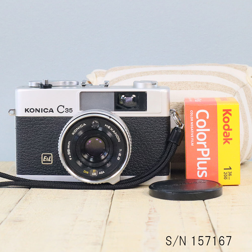 【整備済】【保証付 】　コニカ　KONICA C35 E&L　S/N 157167（ケース・フイルム付セット）　フィルム..