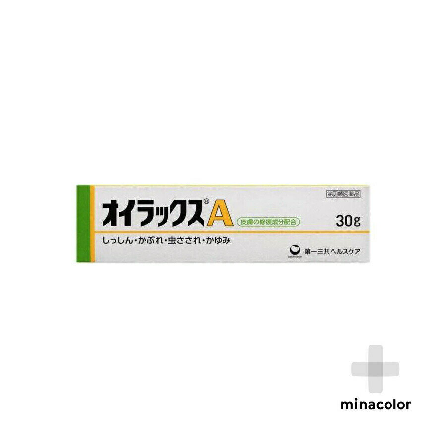 オイラックスA 30g（指定第2類医薬品） 第一三共ヘルスケア 【オイラックスAのポイント】 2種類のかゆみ止め成分「クロタミトン」「ジフェンヒドラミン塩酸塩」と、2種類の抗炎症成分「ヒドロコルチゾン酢酸エステル」「グリチルレチン酸」を配合した、かゆみ・かぶれにすぐれた効果を発揮する市販の抗ヒスタミン剤です。 また、皮膚を修復する成分「アラントイン」と、殺菌成分の「イソプロピルメチルフェノール」も配合しています。 子供から高齢者まで使用でき、微香性でベタつかない使用感が特徴の塗り薬です。 【医療用と同成分配合】 処方薬の「オイラックスクリーム」「オイラックスHクリーム」と同じ有効成分のクロタミトンを配合した市販薬です。 ただし、オイラックスクリームは非ステロイドの塗り薬なので、ステロイド成分が配合されている市販のオイラックスAとは成分が一部異なります。 【こんな人におすすめ】 皮膚に腫れや炎症をともなうかゆみがある人におすすめの薬です。 [効果・効能] しっしん、かぶれ、虫さされ、かゆみ、じんましん、しもやけ、皮膚炎、あせも