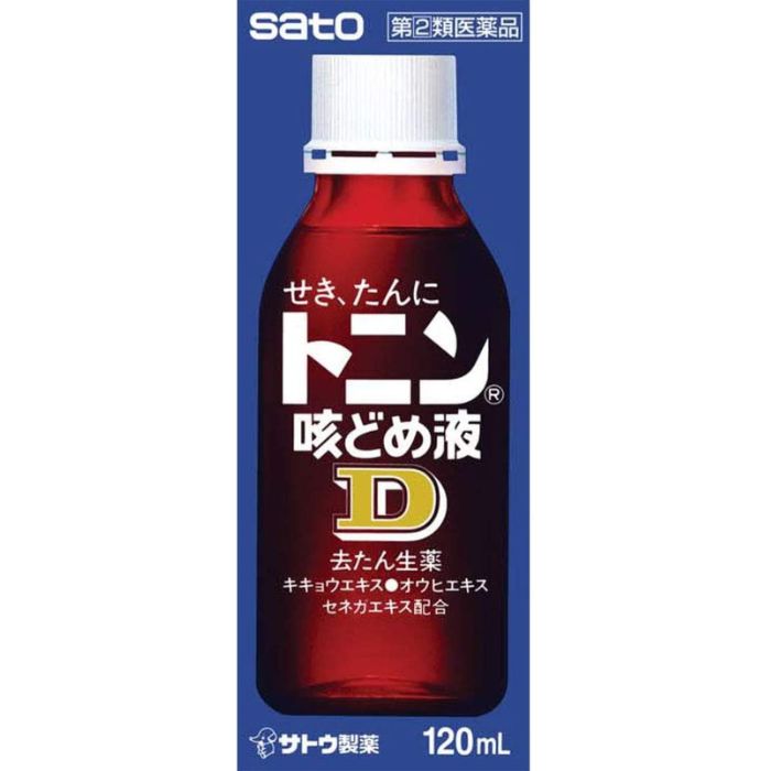 [濫用等のおそれのある医薬品の販売に関して] 18歳以下の方はご購入できません。 こちらの商品を同時期にお買い上げいただくことが出来る個数は、他店での購入を含めて1点までです（類似成分薬や内容量違いも含む）。 上限を超えた際には、キャンセルさせていただきます。 キャンセルにあたり、当店から確認のご連絡をさせていただきます。【指定第2類医薬品】トニン咳どめ液D 120mL 佐藤製薬 【特徴】 ●4種類の鎮咳・去たん生薬を配合しています。 ●のどにやさしいユーカリ・ミント味ののみやすいシロップです。 【効能・効果】 せき，たん