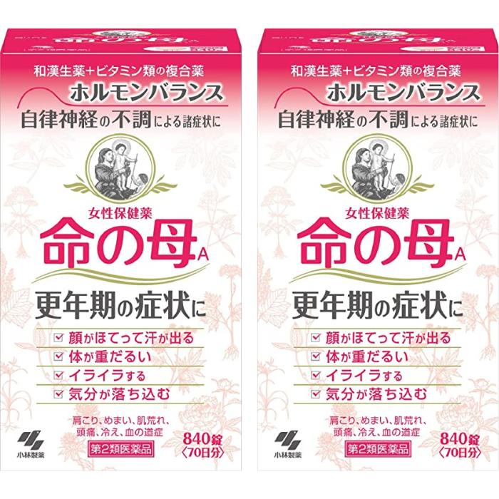 命の母A 840錠 ×2 （第2類医薬品） 小林製薬【女性保険薬 命の母Aのポイント】デリケートな女性の身体の仕組みを考えて作られた、女性にあらわれる特有な諸症状の緩和と健康増進を目的とする飲み薬の市販薬です。和漢生薬＋ビタミン類の複合薬で、ホルモンバランス・自律神経の不調による諸症状におすすめです。◆13種類の生薬とビタミン類、カルシウムなどを配合。穏やかに効いていきます◆血行を促し体を温めることで、女性ホルモンと自律神経のアンバランスから起こるさまざまな身体の不調を改善し、女性の前向きな生活をサポートします◆小さくて飲みやすい糖衣錠です[効果・効能]更年期障害、更年期神経症、血の道症注)、のぼせ、生理不順、生理異常、生理痛、肩こり、冷え症、肌荒れ、めまい、耳鳴り、動悸、貧血、にきび、便秘、ヒステリー、帯下、産前産後、下腹腰痛、血圧異常、頭痛、頭重注)「血の道症」とは、月経、妊娠、出産、産後、更年期など女性のホルモンの変動に伴ってあらわれる精神不安やいらだちなどの精神神経症状および身体症状のことである