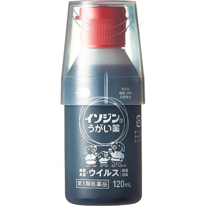 【第3類医薬品】イソジンうがい薬 120mL シオノギヘルスケア 【特徴】 イソジンうがい薬は，有効成分ポビドンヨードを含むうがい薬です。口中からのどにすぐれた殺菌・消毒効果があります。 ■特徴 ●有効成分ポビドンヨードが，ヨウ素を遊離し，各種の細菌，真菌，ウイルスなど広範囲の微生物に対して迅速な殺菌・消毒効果を発揮します。 ●イソジンうがい薬は，有効成分ポビドンヨードの殺菌・消毒効果と，うがいによる洗浄効果により，口腔内およびのどの殺菌・消毒，口臭の除去にすぐれた効果を示します。 【効能・効果】 口腔内及びのどの殺菌・消毒・洗浄，口臭の除去