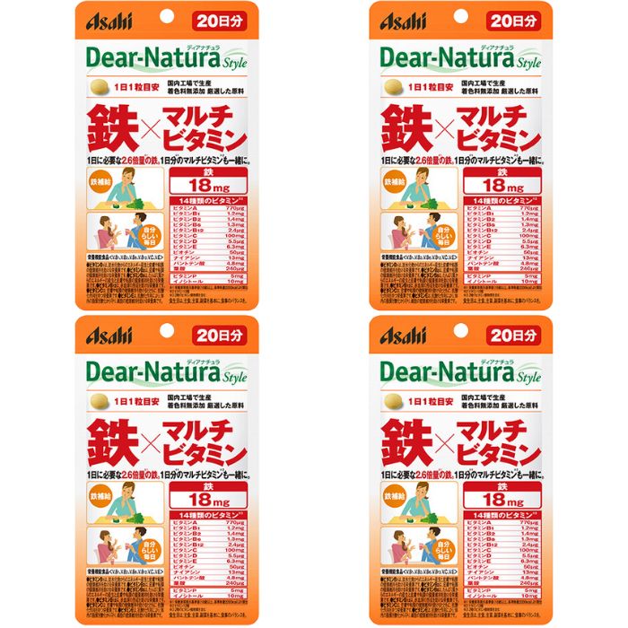 ディアナチュラスタイル 鉄&マルチビタミン 20粒 20日 ×4個セット アサヒグループ食品 1日に必要な2.6倍量＊の鉄とビタミン様物質を含む14種類のビタミンを1粒で補給できます。 ＊ 栄養素等表示基準値（18歳以上，基準熱量2200kcal）より算出 原材料・栄養成分原材料：デキストリン(国内製造）、 食物繊維、 V.C、 ピロリン酸鉄、 ナイアシン、 イノシトール、 セルロース、 デンプングリコール酸Na、 酢酸V.E、 ケイ酸Ca、 ビタミンP、 パントテン酸Ca、 糊料（プルラン、HPC）、 ステアリン酸Ca、 セラック、 V.B6、 V.B2、 V.B1、 V.A、 葉酸、 ビオチン、 V.D、 V.B12 栄養成分・分量：【1日1粒当たり】 エネルギー：1.3kcal たんぱく質：0.028g 脂質：0.016g 炭水化物：0.27g 食塩相当量：0.00009?0.01gビタミンB1：1.2mg ビタミンB2：1.4mg ビタミンB6：1.3mg ビタミンB12：2.4μg ビタミンC：100mg ビ タミンE：6.3mg ビタミンA：770μg ビタミンD：5.5?10.0μg ナイアシン：13mg パントテン酸：4.8mg 葉酸：240μg ビオチン：50μg 鉄：18.0mg アレルギー物質：保存方法直射日光をさけ、なるべく湿気の少ない涼しい場所に保管してください。使用上の注意召し上がり方：1日1粒を目安に、水またはお湯とともにお召し上がりください。 1日あたりの摂取目安量： その他の注意事項：●本品は、多量摂取により疾病が治癒したり、より健康が増進するものではありません。 ●1日の摂取目安量を守ってください。 ●乳幼児・小児は本品の摂取を避けてください。 ●小児の手の届かないところに置いてください。 ●体調や体質によりまれに身体に合わない場合や、発疹などのアレルギー症状が出る場合があります。その場合は使用を中止してください。 ●妊娠3か月以内又は妊娠を希望する女性はビタミンAの過剰摂取にならないよう注意してください。 ●ビタミンB2により尿が黄色くなることがあります。 ●原料由来の斑点が見られたり、色むらやにおいの変化がある場合がありますが、品質に問題ありません。 ●開封後はお早めにお召し上がり下さい。 ●品質保持のため、開封後は開封口のチャックをしっかり閉めて保管してください。 ●水濡れにより変色する場合がありますので、水滴や濡れた手でのお取り扱いにご注意ください。 ●本品は、特定保健用食品と異なり、消費者庁長官による個別審査を受けたものではありません。メーカー情報アサヒグループ食品 0570‐055‐112 東京都墨田区吾妻橋1-23-1原産国日本問い合わせ先会社名：アサヒグループ食品株式会社 東京都墨田区吾妻橋1-23-1 0120-630611 受付時間 10:00 - 16:00（土・日・祝日を除く）