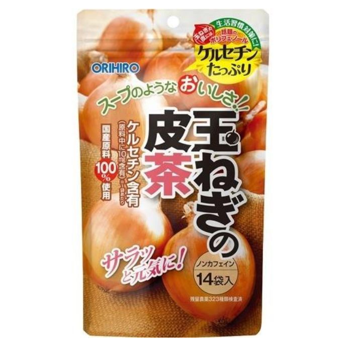 オリヒロ 玉ねぎの皮茶 1g×14包 オリヒロ 1包につきケルセチン10mg含有　玉ねぎの外皮にはポリフェノールの一種であるケルセチンが豊富に含まれることが知られています。●ノンカフェイン、残留農薬323種類検査済み　残留農薬323種類検査済みの為、安全性が気になる方にも安心してお召し上がりいただけます。　●使いやすい袋タイプ　チャック付きの袋で使いやすい形態です。 原材料・栄養成分原材料：玉ねぎ外皮 栄養成分・分量： アレルギー物質：保存方法直射日光・高温多湿を避け、涼しいところで保存してください。使用上の注意召し上がり方：★煮出してご利用の場合 ・よく沸騰している0.5-1Lの熱湯に本品1包を入れ、5分間を目安に弱火で煮出してください。 ・ほどよい色と香りが出ましたら火を止め、ポットで保温するか、冷蔵庫で冷やしてお召し上がりください。 ・煮出す時間はお茶の色や香りでお好みによって調節してください。 ・ふきこぼれる事がありますので、その場を離れないでください。 ★急須使用の場合 ・温めた急須に本品1袋を入れ熱湯を注ぎ、一煎目は30-60秒、二煎目以降は少し時間をおいてから、お好みの濃さでお召し上がりください。 1日あたりの摂取目安量： その他の注意事項：一度使用したティーバッグの再利用はご遠慮ください。・抽出後、ティーバッグをそのまま入れておきますと、味が変化することがありますので必ず取り出してポットなどに移してください。・本品は植物を原料として使用しておりますので、商品によっては風味や色に差が生じる場合がありますが、品質には問題ありません。・抽出液の表面に油状の物が浮くことがありますが、原料に含まれている脂質が遊離したものですので、品質には問題ありません。・本品は熱湯を使いますのでやけどに気をつけてください。・体質に合わない場合や、体調の優れない場合はご利用を中止してください。・袋に粉が付いている事がありますが、品質には問題ありません。・電子レンジでの加熱は、突沸(急激な沸騰)の恐れがありますのでご注意ください。・開封後は封をしっかり閉め、湿気に注意して保存し、早めにお召し上がりください。・煮出したお茶は1日以内にお召し上がりください。・食生活は、主食、主菜、副菜を基本に、食事のバランスを。 ●食物アレルギーをお持ちの方は原材料等をご確認の上、ご使用ください。メーカー情報オリヒロ株式会社 0120-534-455 群馬県高崎市下大島町613原産国日本問い合わせ先オリヒロ株式会社 群馬県高崎市下大島町613 0120-534-455 9:30-17:00（土、日、祝日は除く）