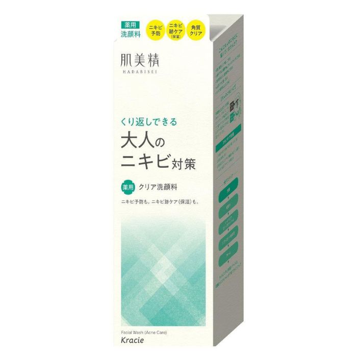 【医薬部外品】肌美精 大人のニキビ対策 薬用クリア洗顔料 110g クラシエホームプロダクツ 【特徴】 ●ニキビの原因菌の殺菌。●増やさない・働かせないことでニキビを予防し、さらに黒ずみニキビ跡・凸凹ニキビ跡を保湿・整肌ケアで防ぐ、薬用洗顔料。●さらにフルーツ酸でやさしく角質ケアもできるので、なめらかな健やか肌に導きます。●殺菌成分…イソプロピルメチルフェノール配合●消炎成分…グリチルリチン酸2カリウム配合●ノンコメドジェニックテスト済、アレルギーテスト済 【効能・効果】 ニキビ予防、ニキビ跡ケア 使用上の注意■してはいけないこと （守らないと現在の症状が悪化したり、副作用・事故がおこりやすくなります） ●目に入らないようご注意ください。入った時は、すぐに水またはぬるま湯で洗い流してください。●お肌に異常が生じていないかよく注意して使用してください。お肌に合わない時、また傷、湿しん等、異常のある時は使用しないでください。 ■相談すること ●使用中、赤味、はれ、かゆみ、刺激、色抜け(白斑等)や黒ずみ等の異常が現れた時は、使用を中止し、皮フ科専門医等へのご相談をおすすめします。そのまま使用を続けると症状が悪化することがあります。効能・効果ニキビ予防、ニキビ跡ケア効能関連注意用法・用量●適量(500円硬貨大)を手にとり、水またはぬるま湯でよく泡立ててください。 ●数回に分けて、水またはぬるま湯を加えるとより一層泡立ちがよくなります。その後、水またはぬるま湯で充分に洗い流してください。用法関連注意成分分量●有効成分…イソプロピルメチルフェノール、グリチルリチン酸2K●その他の成分…ヒアルロン酸Na-2、水溶性コラーゲン液-3、エイジツエキス、オウゴンエキス、ホップエキス、酒石酸、ウーロン茶エキス、レモンエキス、ビワ葉エキス、ヨクイニンエキス、ユズセラミド、シャクヤクエキス、ミリスチン酸、ラウリン酸、アクリル酸アルキル・メタクリル酸アルキル・メタクリル酸POE(20)ステアリルエーテル共重合体エマルション、ヤシ油脂肪酸アシルグリシンK液、ラウリルヒドロキシスルホベタイン液、ヤシ油脂肪酸メチルタウリンナトリウム、グリコシルトレハロース・水添デンプン分解物混合溶液、濃グリセリン、BG、水酸化K、トリイソステアリン酸POEグリセリル、EDTA-4Na、パラベン、フェノキシエタノール、香料、水、ラウリル硫酸Na添加物成分表示をご確認ください保管及び取扱上の注意●日の当たるところや高温の場所に置かないでください。●ご使用後はキャップをきちんと閉めてください。消費者相談窓口お問い合わせ窓口 0120‐540‐712