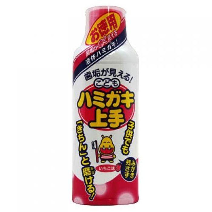 こどもハミガキ上手 いちご味 180mL 丹平製薬 歯垢のチェックとハミガキが同時にできます。 使用方法1.適量約3mLを付属の計量カップではかり、お口に含みます。 2.約10回ほどクチュクチュしてからはきだします。 3.赤く染まった部分が歯垢ですので、そこを中心にブラッシングしてください。 4.水ですすぎます。 ※舌やくちびるなどが赤く染まり、色が落ちるまで少し時間がかかりますので、1日1回就寝前などのご使用をおすすめします。 販売元丹平製薬使用上の注意歯垢を見ながらハミガキできるので、正しいハミガキ習慣が短期間でつきます。ノンアルコール、低刺激で、安全な成分で作られています。研磨剤が入っていませんので、歯を傷めることがありません。砂糖など、虫歯の原因となる甘味料は一切使用していません。原材料、素材または材質保管及び取扱い上の注意直射日光や高温になるところを避けて保管してください。 問い合わせ先丹平製薬 大阪府茨木市宿久庄2-7-6 0120-500-461