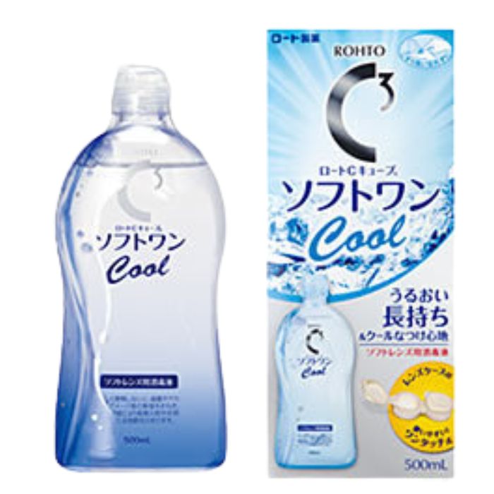 【医薬部外品】ロートCキューブ ソフトワンクールa 500mL ロート製薬 【特徴】 こすり洗い 消毒 タンパク除去 すすぎ 保存 すべてこれ1本でOK！涙に近いpHで、瞳に優しいつけ心地です。 【効能・効果】 ソフトコンタクトレンズ（グループIーグループIV）の消毒 使用上の注意■してはいけないこと （守らないと現在の症状が悪化したり、副作用・事故がおこりやすくなります） ≪定められた使用法を守ること≫ ◆ご使用に際しては、添付の使用説明書をよくお読みください。 ◆本剤はすべてのソフトコンタクトレンズ（グループI?グループIV）に使用できます。 ◆ハード・O2コンタクトレンズにはご使用いただけません。 ■相談すること 1）次の人は使用前に眼科医にご相談ください。 a.今までに目のアレルギー症状（例えば、目の充血、かゆみ、はれ、発疹、発赤等）を起こしたことがある人。 b.眼科医の治療を受けている人。 2）本剤を使用したソフトコンタクトレンズを装用中、または装用後に、痛み、充血、流涙、目やに、ごろごろ缶（または異物感）、かすみ目、かわき目、まぶしさ、炎症、かゆみ等の異常を感じた場合には、 直ちにレンズを外し、眼科医にご相談ください。そのまま装用し続けると、感染症や角膜潰瘍等の重い眼障害につながることがあります。 3）使用中にじんましん、息苦しさ等の異常が現れた場合には直ちに使用を中止し、医師または薬剤師に相談してください。特に、アレルギー体質の人や、薬等で発疹等の過敏反応を経験したことがある人は、十分注意してください。効能・効果ソフトコンタクトレンズ（グループIーグループIV）の消毒効能関連注意用法・用量1．ソフトコンタクトレンズに、本剤を数滴つけて、レンズの両面を各々、20ー30回指で軽くこすりながら洗います。 2．洗ったレンズの両面を本剤で十分にすすぎます。 3．レンズケースに本剤を満たし、レンズを完全に浸し、ケースの蓋をしっかり締めます。そのまま4時間以上放置します。用法関連注意成分分量1mL中に塩酸ポリヘキサニド0.001mg含有添加物ポリオキシエチレンポリオキシプロピレングリコール保管及び取扱上の注意◆高温になる所や直射日光のあたる場所に置かないでください。 ◆乳幼児の手の届かないところに保管してください。消費者相談窓口サポートデスク 東京都港海岸1丁目2番20号汐留ビルディング20階 03-5442-6020 9:00から17:00（土・日・祝日を除く）