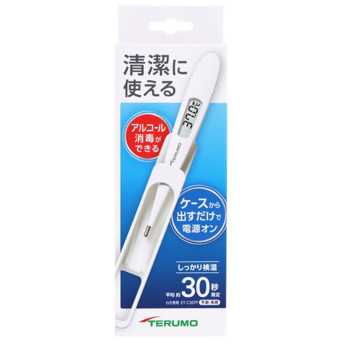 テルモ 電子体温計 ET-C207P 1本 テルモ株式会社 ●アルコール消毒できる体温計 ●ケース先端部が開口式で汚れが視認しやすく、アルコール等での清拭がしやすい形状。 ●ケースから出すだけで電源オン。ケースに収納すると電源オフ。正確・しっかり・平均約30秒で予測検温。 使用目的または効果 ●測温部を部位に接触させて、腋窩の体温を測定し、最高温度を保持しデジタル表示すること。 管理医療機器(クラス2) 認証番号：302AABZX00003000 医療機器認証番号管理医療機器(クラス2) 認証番号：302AABZX00003000 商品名テルモ 電子体温計 ET-C207P 1本 使用目的または効果●測温部を部位に接触させて、腋窩の体温を測定し、最高温度を保持しデジタル表示すること。 使用方法●測定方法 1．体温計を収納ケースから取り出す（電源が入る）。 2．体温計の先端（測温部）をななめ下から30度くらいの角度でワキ下中央に押し上げるようにあてて、ワキをしっかりしめる。 3．検温終了後、体温計を収納ケースに入れる（電源が切れる）。 【使用方法等に関連する使用上の注意】 1．子供だけで使わせないこと。 2．引火性のある環境では使用しないこと。 3．以下の項目は予測／実測精度に影響するため、注意すること。 （1）飲食後、運動後、入浴後、外出から帰宅後はすぐに検温せず、30分ほど待ってから測ること。 （2）ワキ下に汗をかいている場合は、タオル等で汗を拭き取ること。 （3）検温中は、体を動かしたり、体温計を動かしたりしないこと。 （4）ワキ下に強く密着させて測定すること。 （5）くり返し検温するときは、少し時間をおくなど体温計の先端（測温部）を冷ましてから検温すること。 4．強い静電気や電磁波、磁石等に近づけないこと。携帯形RF通信機器（アンテナケーブル及び外部アンテナなどの周辺機器を含む）を、体温計のあらゆる部分から30cmよりも近づけないこと。 5．本品は、衝撃、振動、塵埃、噴霧、腐食性ガス等の発生する場所で使用しないこと。 6．分解、修理、改造は行わないこと。 7．体温計を廃棄する際は、廃棄物の処理及び清掃に関する法律（廃棄物処理法）に従って適切に廃棄すること。 取扱上の注意●本品の表示部を強く押さえたり、ボールペンやツメ等、硬いもの、先の尖ったものでつついたりしないこと。 [使用方法等に関連する使用上の注意] 【耐用期間】 ●耐用期間：5年、あるいは連続使用で、約10．000回（予測検温）（自己認証による）。 【保守・点検に係る事項】 ●保守点検上の注意。 1．本体と収納ケースを洗う際は、水で洗うこと。収納ケースに収める際は、乾いた布等で水気を拭き取ること。 2．消毒する際は、消毒用アルコール綿で清拭して自然乾燥させること。 3．使用可能な消毒液（成分名）の例は以下のとおりである。 クロルヘキシジングルコン酸塩／ベンザルコニウム塩化物／次亜塩素酸ナトリウム／グルタラール 4．必要時間以上、消毒液につけないこと。必要な時間、濃度については消毒液の添付文書を参照すること。 5．熱湯消毒（50度以上）しないこと。 保管及び取り扱い上の注意●電池の寿命が短くなるので、必ず収納ケースに収めて保管すること。 製造元テルモ株式会社 発売元テルモ株式会社 原産国日本問い合わせ先テルモ株式会社 お問い合わせ窓口 〒151-0072 東京都渋谷区幡ヶ谷2-44-1 0120-008-178 月曜-金曜日 9:00-17:00 0:兼用広告文責広告文責：株式会社ミナカラ 電話：03-5544-8282