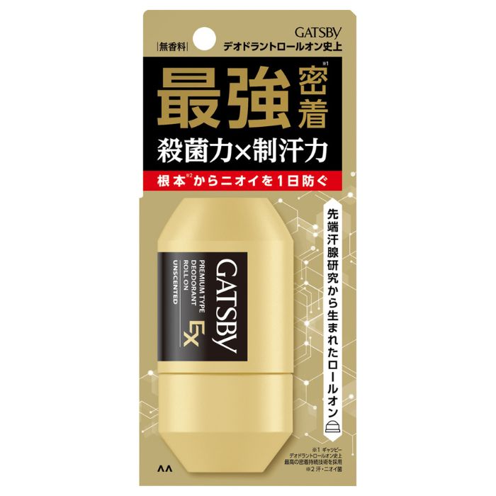 【医薬部外品】ギャツビー EXプレミアムタイプ デオドラントロールオン 無香料 60ml マンダム 【特徴】 ●W殺菌&徹底汗ケアでニオイを原因から徹底対策。●先端汗腺研究から生まれたロールオン。 【効能・効果】 ワキガ（腋臭）、皮フ汗臭、制汗 使用上の注意■してはいけないこと （守らないと現在の症状が悪化したり、副作用・事故がおこりやすくなります） ●顔・粘膜への使用は避け、除毛直後や肌に傷のあるときは使わないでください。●お肌に異常が生じていないかよく注意して使用してください。傷やはれもの・湿疹等異常のあるときは使わないでください。●メントールの冷感刺激に弱い方、肌の弱い方は使用をお控えください。 ■相談すること 使用中又は使用後日光にあたって、赤味・はれ・かゆみ・刺激・色抜け(白斑等)や黒ずみ等の異常がでたら使用を中止し皮フ科医へご相談ください。そのまま使用を続けると症状が悪化することがあります。効能・効果ワキガ（腋臭）、皮フ汗臭、制汗効能関連注意用法・用量●容器をよく振った後一度さかさにしてからワキの下などニオイの気になるところに適量を塗ってください●上向きでご使用ください●乾いた後で衣服を着てください●使用後はキャップをきちんと閉めてください●ボールが回りにくいときは指で回してからお使いください●ボール部に白い結晶ができても効果に影響はありません用法関連注意成分分量●有効成分…クロルヒドロキシアルミニウム、イソプロピルメチルフェノール、塩化ベンザルコニウム液●その他成分…エタノール、精製水、ポリエチレングリコール400、常水、トリ2-エチルヘキサン酸グリセリル、l-メントール、ヒドロキシプロピルセルロース、アクリル酸アルキル共重合体エマルション(1)、グリチルリチン酸モノアンモニウム、ポリエチレングリコール添加物保管及び取扱上の注意●高温になるところには置かないでください。●乳幼児や認知症の方などの誤飲等を防ぐため置き場所にご注意ください。消費者相談窓口株式会社マンダム お客さま相談室 540-8530　大阪市中央区十二軒町5-12 0120-37-3337 平日 9：30-17：00（土・日・祝日を除く）