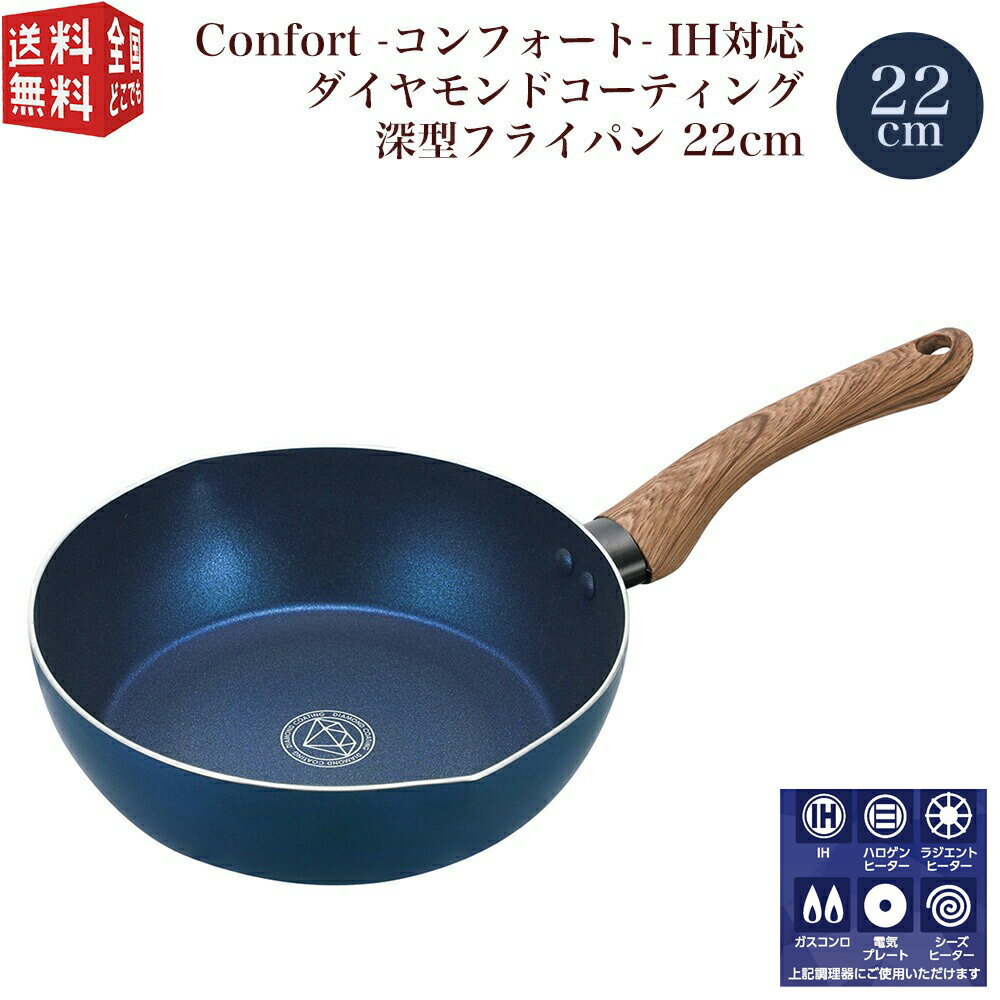 あす楽対応Confort コンフォート IH対応 ダイヤモンドコーティング 深型フライパン 22cm 木目調（樹脂）