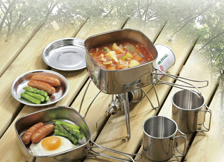 【お買い物マラソン全国送料無料・宅配便】SOLA 角型キャンピング鍋 6点セット（マグカップ 皿 プレート 鍋 フライパン セット 携帯袋付き 重ね 屋外 食器 コンパクト 収納 持ち運び ステンレス 軽い 軽量 キャンプ アウトドア 非常用にも）通販格安セール情報　楽天　通販