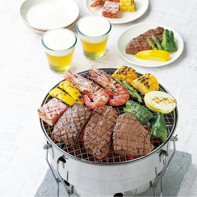 【お買い物マラソン全国送料無料・宅配便】SOLA フォールディングラウンドグリル(携帯袋付き 重ね コンパクト 収納 軽量 軽い 持ち運び ステンレス キャンプ アウトドア バーベキュー BBQ コンロ 焚き火台 お家で ベランダ 巣ごもり)通販格安セール情報 楽天 通販