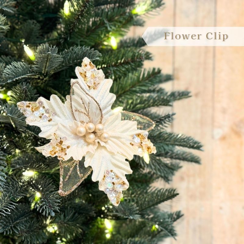 クリスマスフラワー クリップ付きオーナメント ホワイト×ゴールド｜上品で華やか！装飾に便利な17cmインテリアアクセント