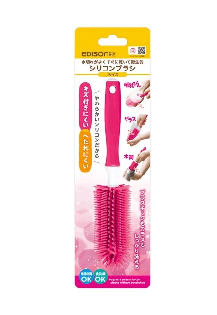 ■商品説明■ ※商品リニューアル等によりパッケージ及び容量は変更となる場合があります。ご了承ください。 エジソンママ シリコンブラシ S ピンク 哺乳瓶やベビー用ボトルのお手入れに便利な、やわらかシリコン素材のブラシです。 シリコーンゴム製のブラシで、ボトルの内側や細かな部分までやさしく洗浄。 大切な赤ちゃんのミルク用品を清潔に保つためにおすすめのベビー用洗浄ブラシです。 商品特徴 やわらかいシリコーンゴム製ブラシで傷つけにくい 哺乳瓶・ボトルなどの洗浄に便利 食器洗浄機・乾燥機対応でお手入れ簡単 煮沸消毒・薬液消毒対応で衛生的 電子レンジ消毒対応 商品詳細 種類S / ピンク 材質ブラシ：シリコーンゴム取っ手：ポリプロピレン（耐熱温度140℃） お手入れ方法 電子レンジ 食器洗浄機・乾燥機 煮沸消毒 薬液消毒 サイズ約50×50×230mm 重量約65g 生産国韓国 赤ちゃん用品は毎日使うものだからこそ、洗いやすく衛生的なアイテム選びがおすすめです。 エジソンママのシリコンブラシで、哺乳瓶やボトルをいつでも清潔にお手入れできます。