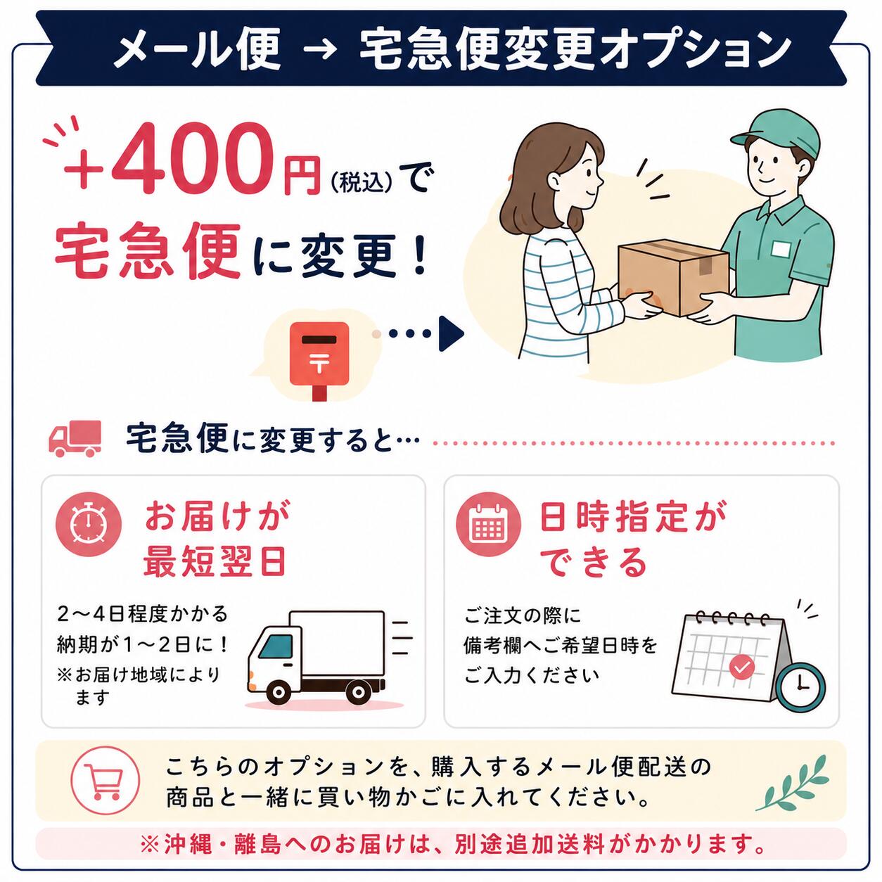 # メール便 → 宅急便 変更オプション ＋400円（税込）で、メール便配送から宅急便配送へ変更できるオプション商品です。 「ポスト投函では少し心配」「対面で受け取りたい」というお客様におすすめです。 【こんな方におすすめ】 ・破損・盗難・紛失などが心配なお客様 ・対面でお荷物を受け取りたいお客様 ・お届け日時を指定したいお客様 【ご利用方法】 こちらのオプションを、メール便配送対象の商品と一緒に買い物かごへ入れてご注文ください。 ご注文確認後、配送方法をメール便から宅急便へ変更して発送いたします。 ※沖縄・離島へのお届けは、別途追加送料がかかります。 【ご購入前に必ずご確認ください】 ※必ず、ご購入のメール便配送商品と同じ買い物かごからご注文ください。 別々にご注文いただいた場合、メール便にて発送する場合がございます。 ※納期は商品によって異なります。 対象の商品ページにて納期をご確認ください。 ※お取り寄せ商品・予約販売商品を含む複数商品を同時にご注文の場合は、すべての商品が揃ってからの発送となります。 ※こちらのオプションは、メール便配送対象商品のみご利用いただけます。 ※本商品は配送方法を変更するためのオプションです。単品ではご購入いただけません。 ※返品・キャンセル等の際、発送後の本オプション料金は送料にあたるため返金対象外となります。 ※沖縄・離島へのお届けは、別途追加送料がかかります。