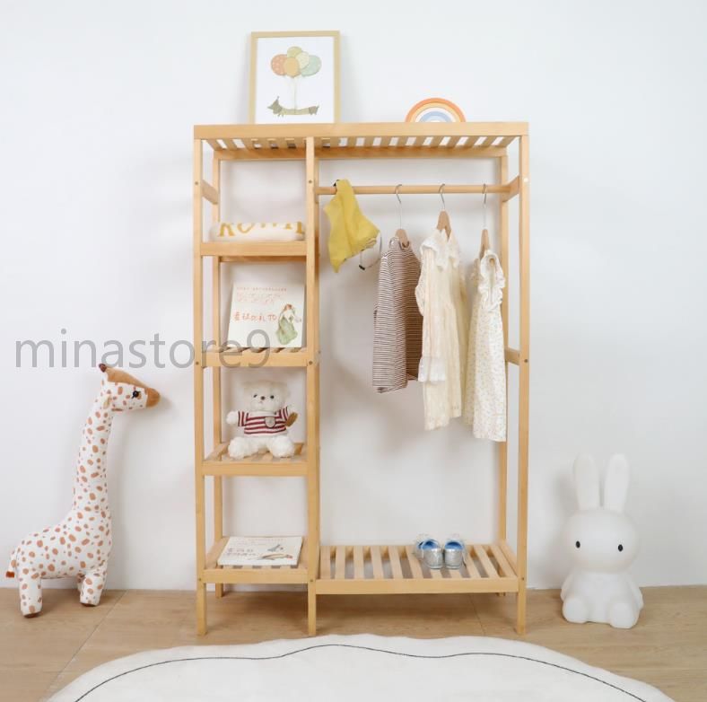 ハンガーラック クローゼット 竹製 ワードロップ カーテン付き 棚付き コートハンガー 洋服 収納 大容量 多目的ラック 洋服ラック 洋服掛け 幅90cmx高さ...