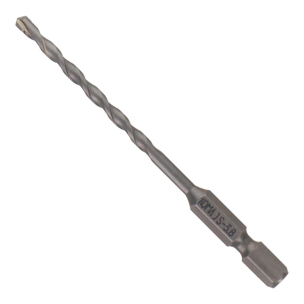 商品情報 品番：JS-3.8 刃径：3.8mm 全長：95mm 有効長：50mm 特長 振動機能付きインパクトドライバー・電気ドリルで 　コンクリートに穴あけが可能。 各種充電ドリルにワンタッチで装着。 シャンクから刃先まで一体形状の為、 　刃先のブレやビビリが無く的確な穴あけが可能。 用途 コンクリート・ブロック・モルタル・カワラの穴あけに。 材質 モリブデン鋼（チップ付き） シャンク形状 六角軸6.35mm 使用適合機種 振動機能付インパクトドライバー（14.4V以上） 振動機能付充電ドリルドライバー（12V以上） 電気ドリル（380W以上）振動モードでご使用ください。 ※改良により予告なく形状や仕様が変更になる場合があります。ご了承ください。