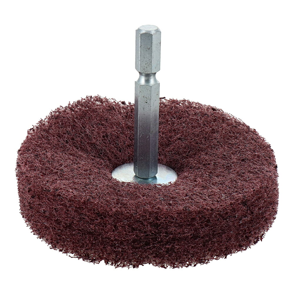 商品情報 品番：HNC6-75 粒度：#400 外径：75mm 用途 金属面の傷ぼかしヘアラインの修正、加工ペーパー後の研磨 仕様 軸径:6.35mm六角軸 最高使用回転数：5,000rpm ※改良により予告なく形状や仕様が変更になる場合があります。ご了承ください。