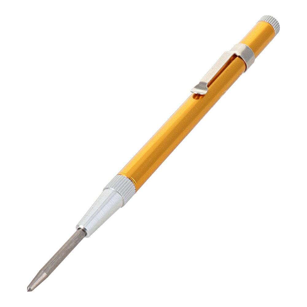 ハンマー不要　確実に打てる ！ 手間いらず ！ 商品情報 品番：H-330 品名：ペンタイプオートセンターポンチ 全長：138mm 先端にかかる力：2〜4kg/cm2 先端軸径：3.0mm 特長 携帯に便利なペンタイプ 超硬チップ付 片手で頭部を押さえ正確な目打ち作業ができます(ハンマー不要) グリップを回し、強弱の調整ができます ※改良により予告なく形状や仕様が変更になる場合があります。ご了承ください。