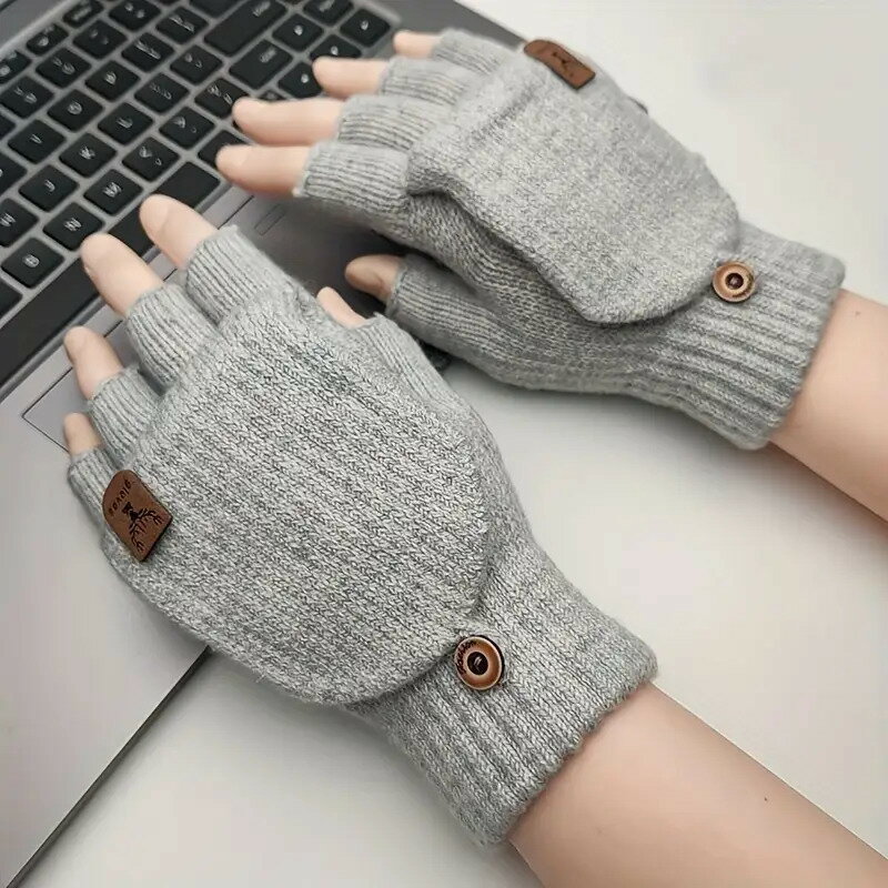 メンズ＆レディース ハーフフィンガーグローブ - 防風保温ウィンターグローブ リストストラップ付き タッチスクリーン対応 スマートフォン＆コンピュータ用 ボタン風ロゴポケット - カジュアル アウトドア/オフィス用 色 ライトグレー