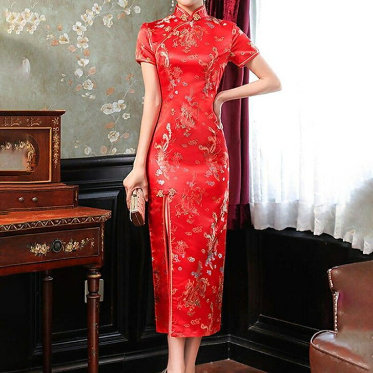 乐天商城 - 送料無料 チャイナドレス チャイナ服 ロング ワンピース 赤 仮装 L ロングドレス シック　痩せて見える 細く見える パーティ 正装 在庫有 即納 花柄 エレガント コスプレ スリット キャバドレス コーデ セクシー 簡易 ボディライン