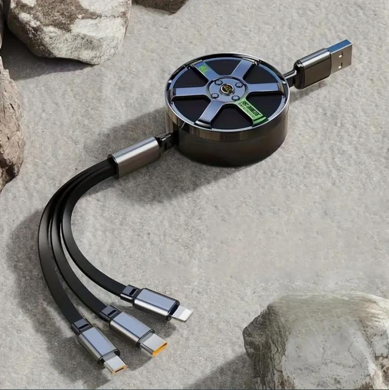 3-in-1伸縮式USBクイック充電器 ライトニング アンドロイド タイプCコネクター付きのハブ 高速充電コードアダプター 1.2m/47.24インチ 色ブラック