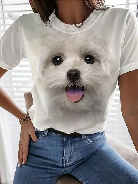 乐天商城 - マルチーズ シャツ パピー クルーネック Tシャツ 春夏用 カジュアル ショートスリーブトップ 半袖 トップス 丸首シャツ 女性用 トップス 白 シャツ 子犬 小犬 ティーシャツ かわいい 軽量 S M L XL XXL プレゼントに、普段着に！【売れてます！】　【10万枚以上の販売実績】