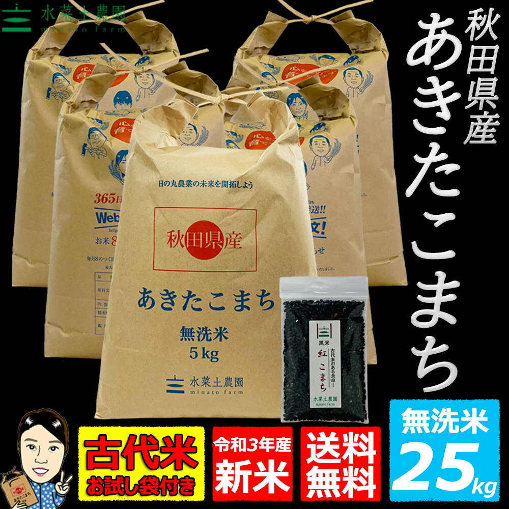 秋田県産 あきたこまち 無洗米25kg（5kg×5袋）令和3年産【古代米プレゼント付...