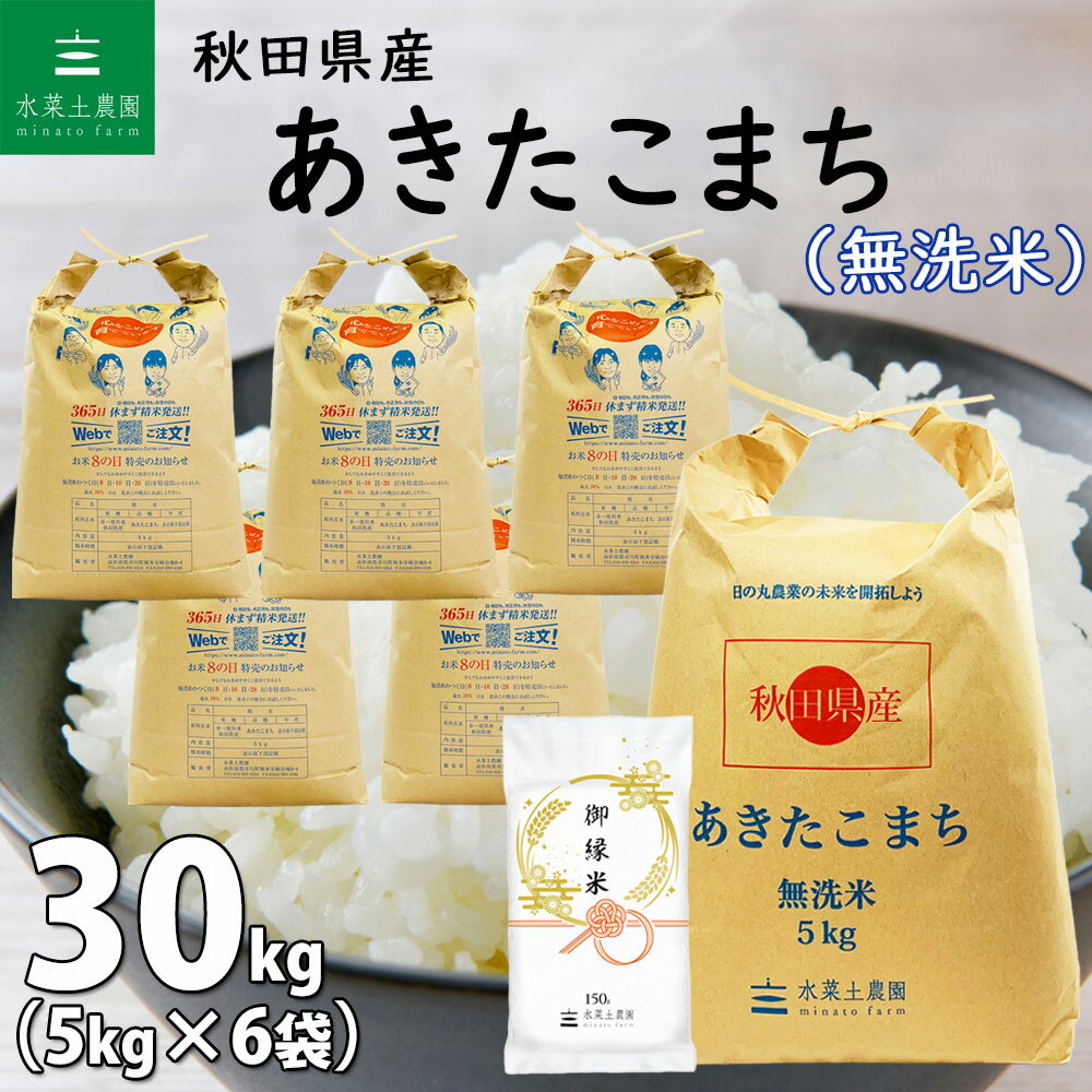 秋田県産 あきたこまち 無洗米30kg（5kg×6袋）令和5