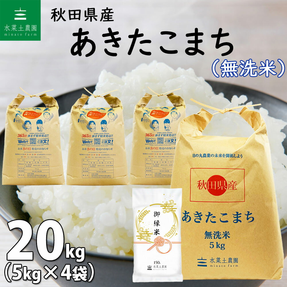 秋田県産 あきたこまち 無洗米20kg 5kg 4袋 令和5年産 御縁米 縁結び 150g付き