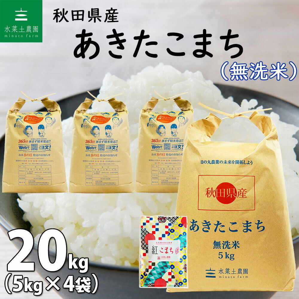 【無洗米】秋田県産 あきたこまち 20kg 5kg 4袋 令和5年産 古代米お試し袋付き