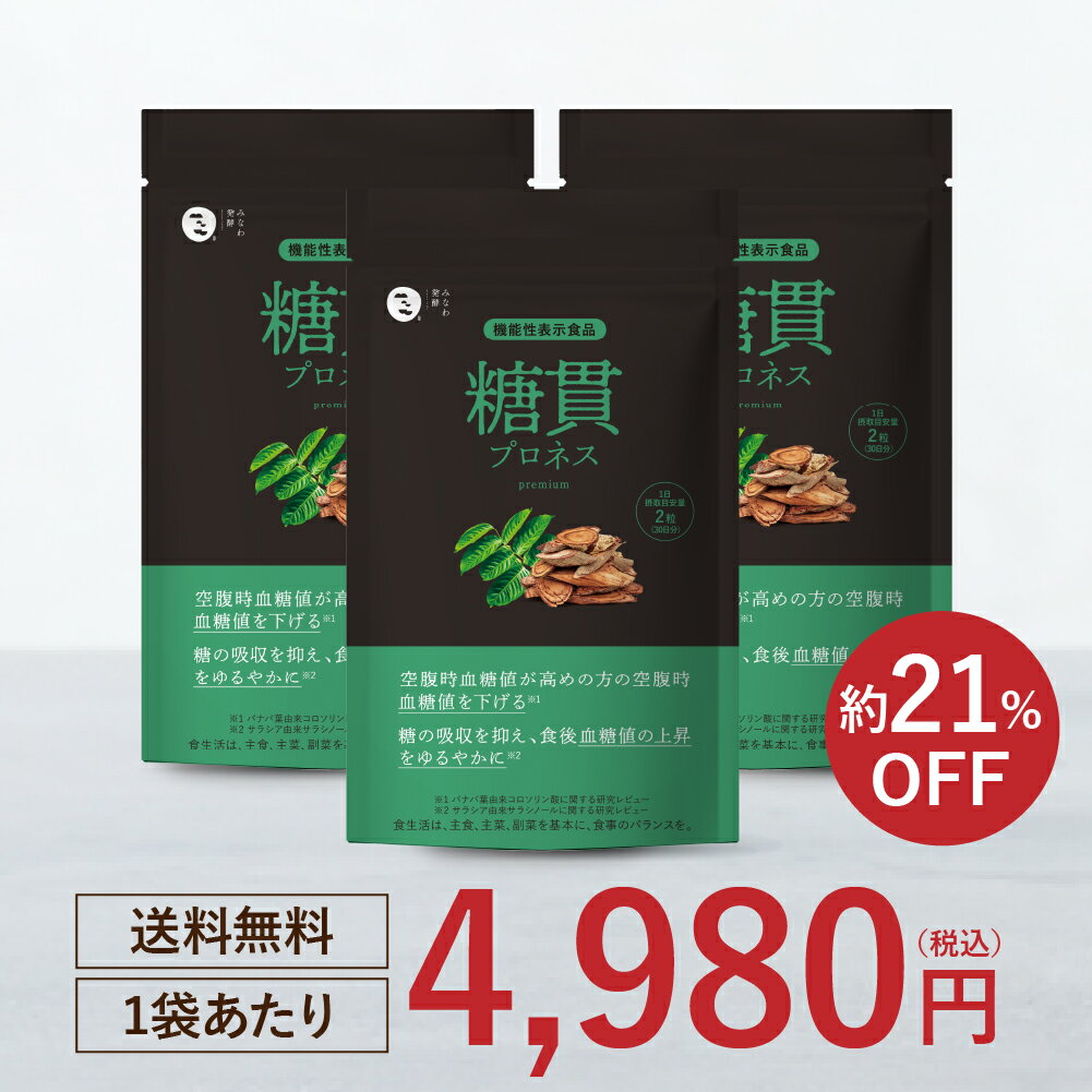 糖貫プロネス 3袋セット 機能性表示食品 [血糖値 サプリ サラシア バナバ サプリ 血糖エキス バナバ葉 サラシア サラシノール 血糖値 を下げる 糖の吸収を抑える] みなわ発酵 1袋60粒 (30日分)